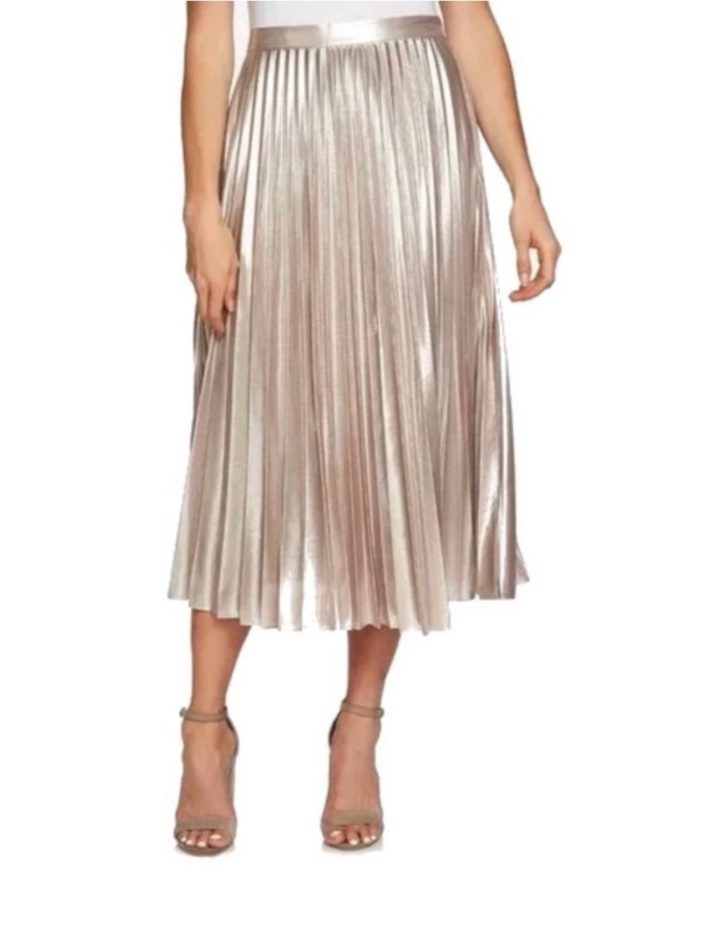 NWT 1. STATE Metallic Accordion Pleated Midi Skirt - Flash Silver Size 10